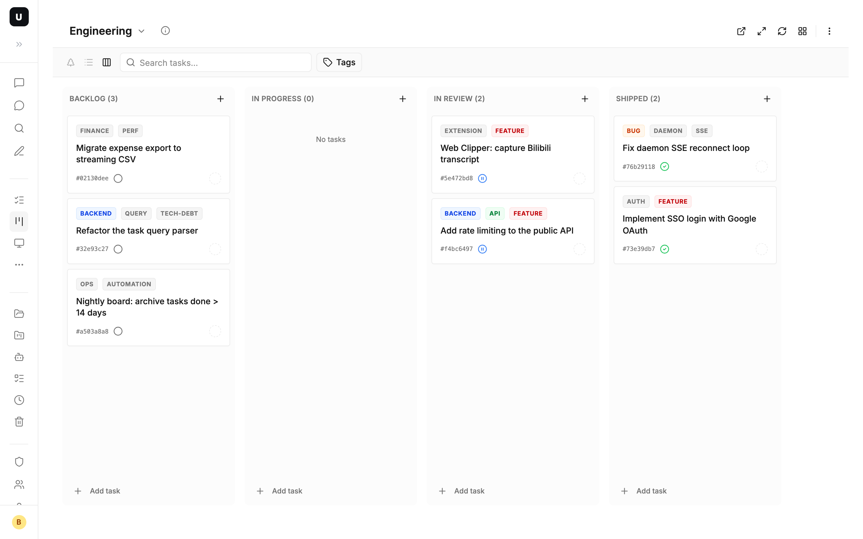 An Engineering board — columns are saved queries the agent can build and reshape