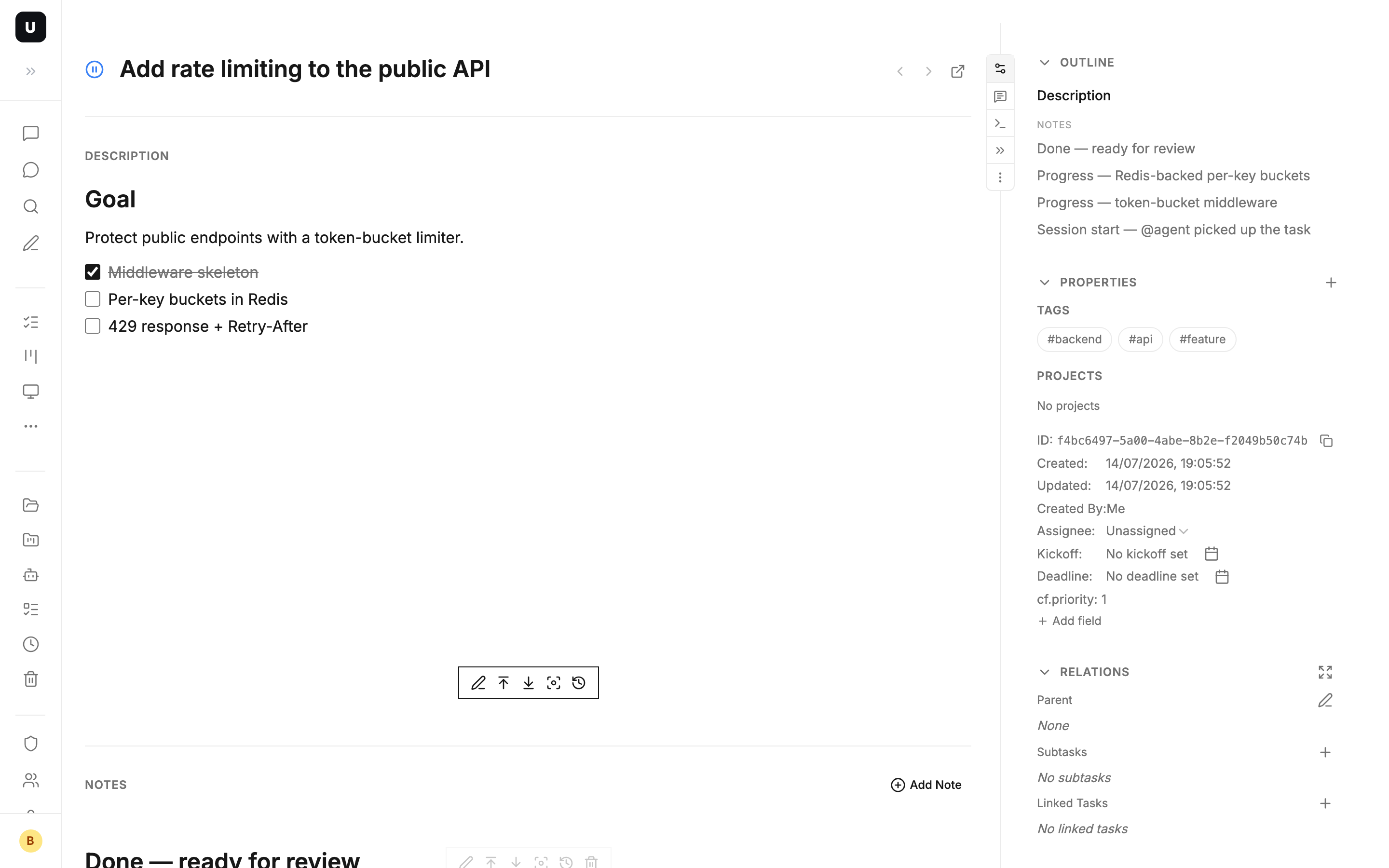 Task detail — the agent reads the description and writes progress + commits back into the notes timeline
