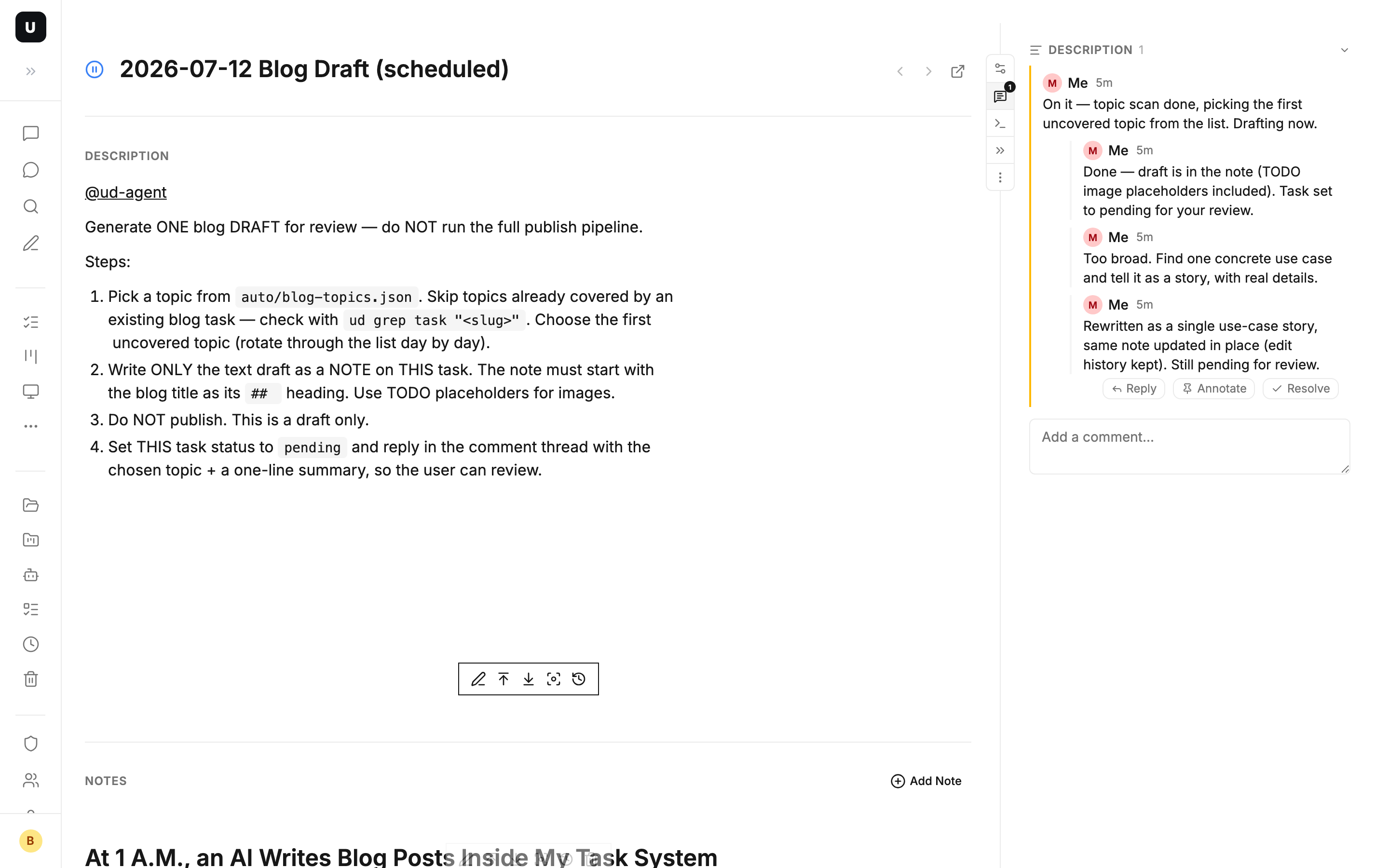 The comment thread: agent reports progress, human replies with one-line feedback, agent confirms the rewrite
