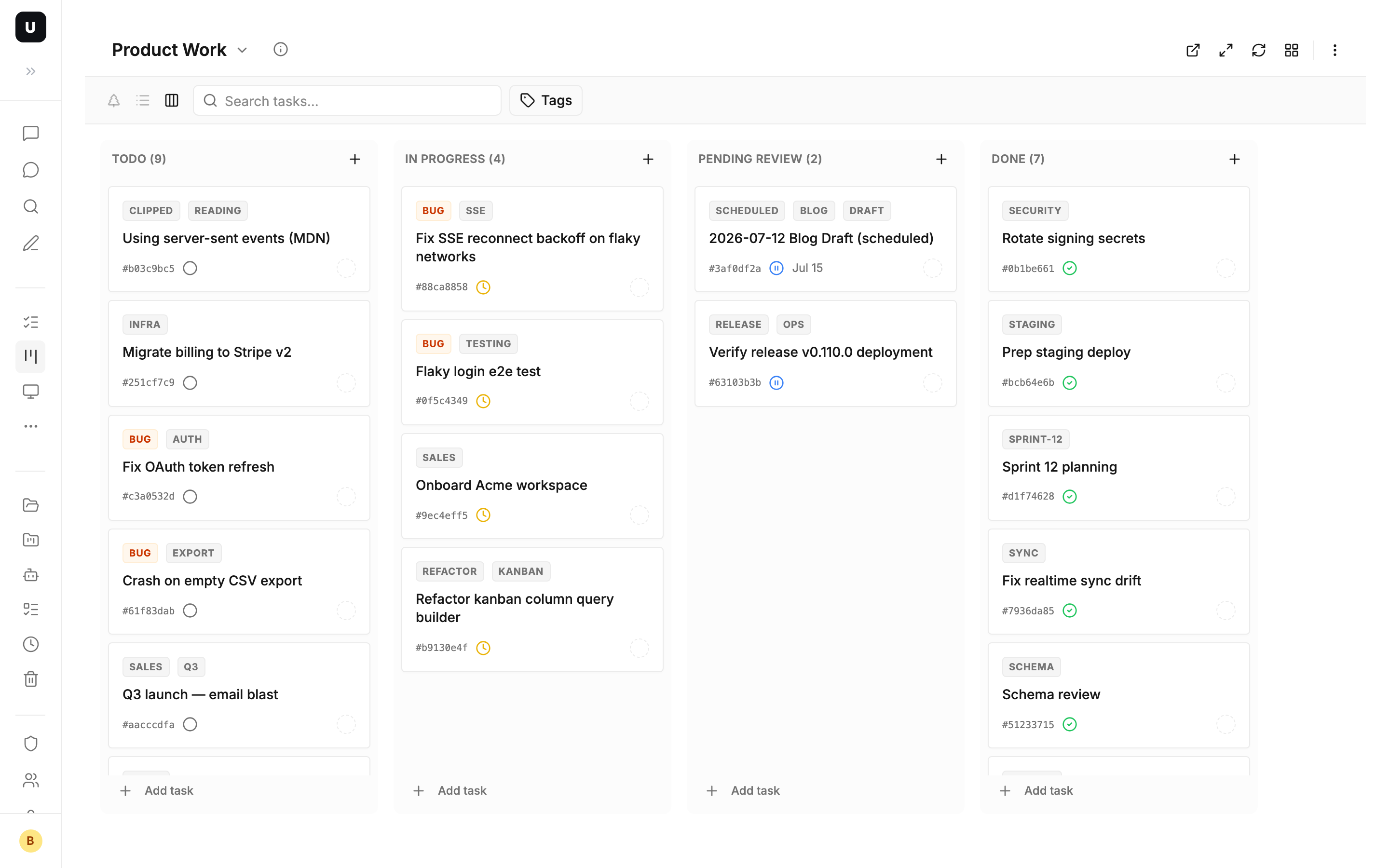 Kanban board with the blog draft task sitting in the Pending Review column