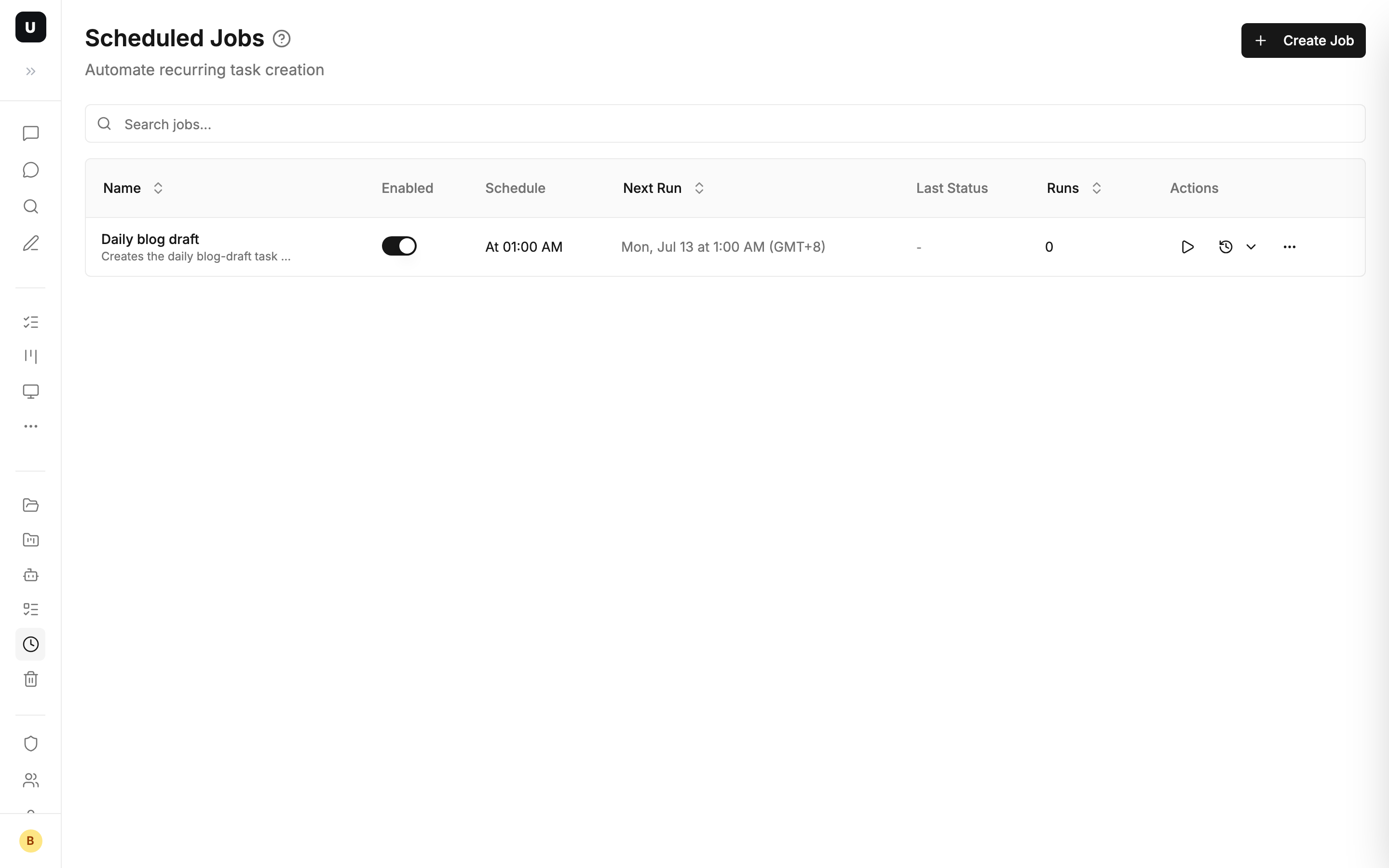 Scheduled Jobs page showing the daily 01:00 blog-draft job