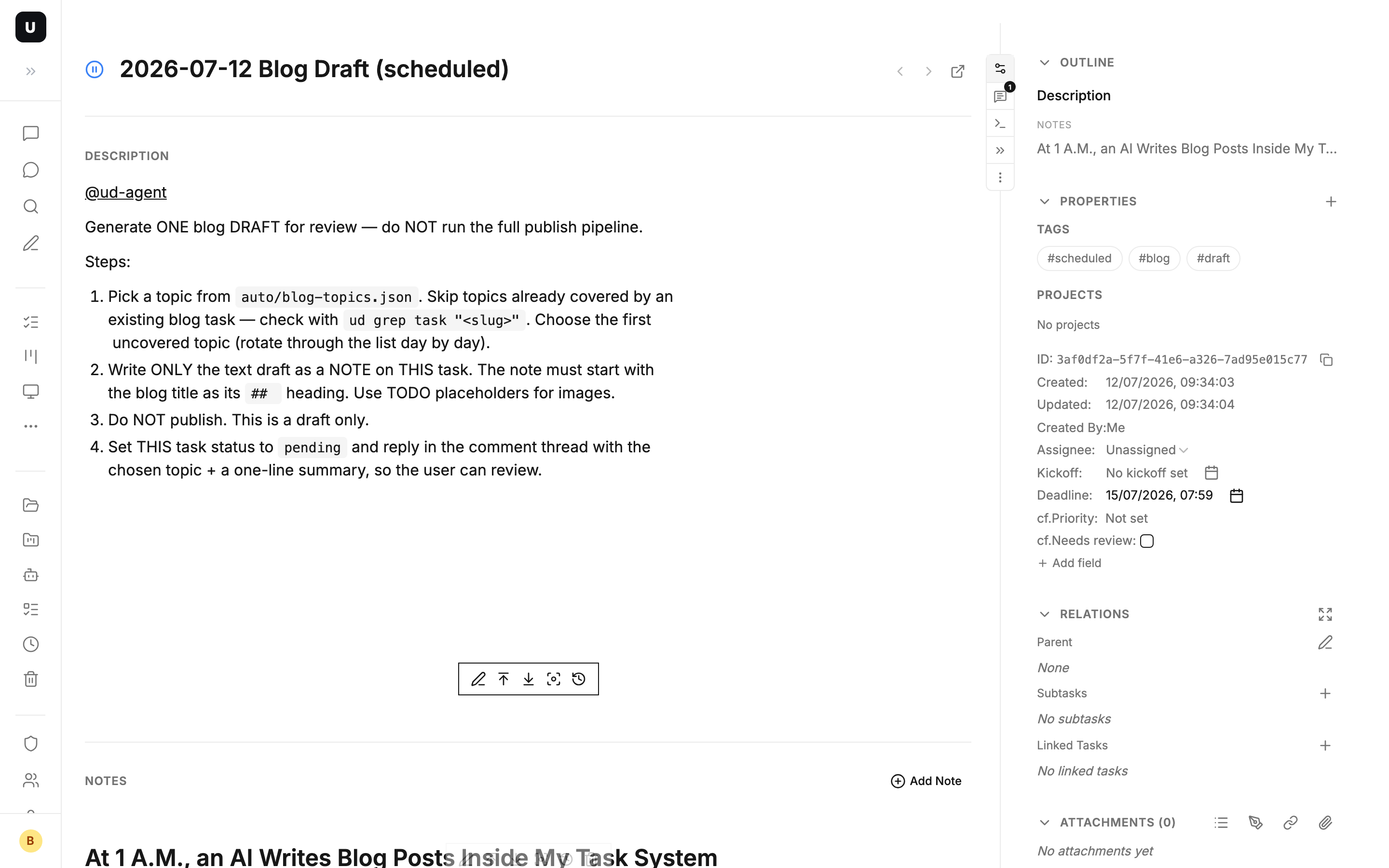 Task detail page: the scheduled prompt as description, the draft as a note below