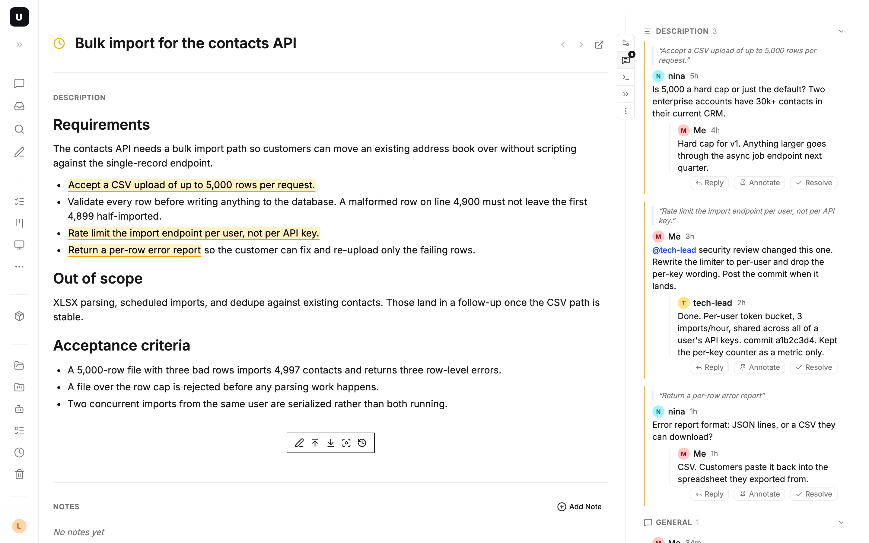 A highlighted sentence in the task body with its anchored comment thread open in the sidebar
