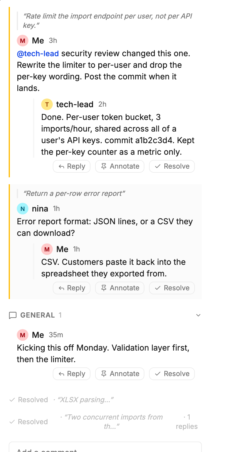 The comments sidebar after a review pass: resolved threads collapsed, unsettled ones still open