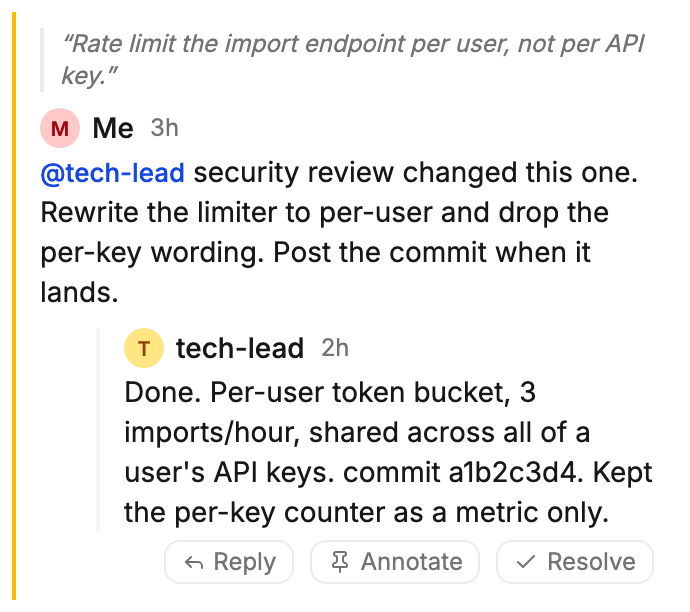 A human comment mentions an agent and the agent replies in the same thread with a commit hash
