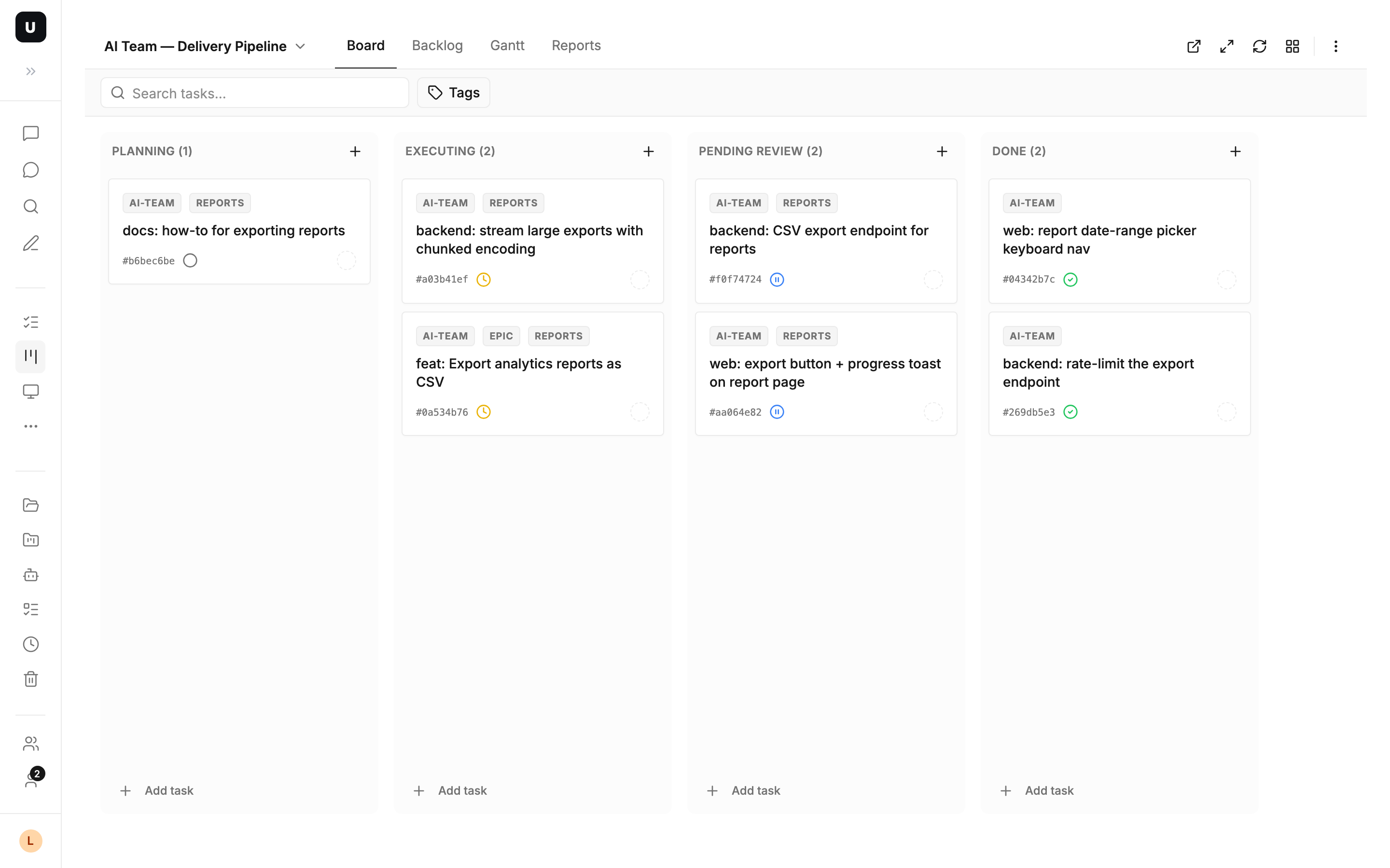 The AI team delivery board — Planning / Executing / Pending Review / Done