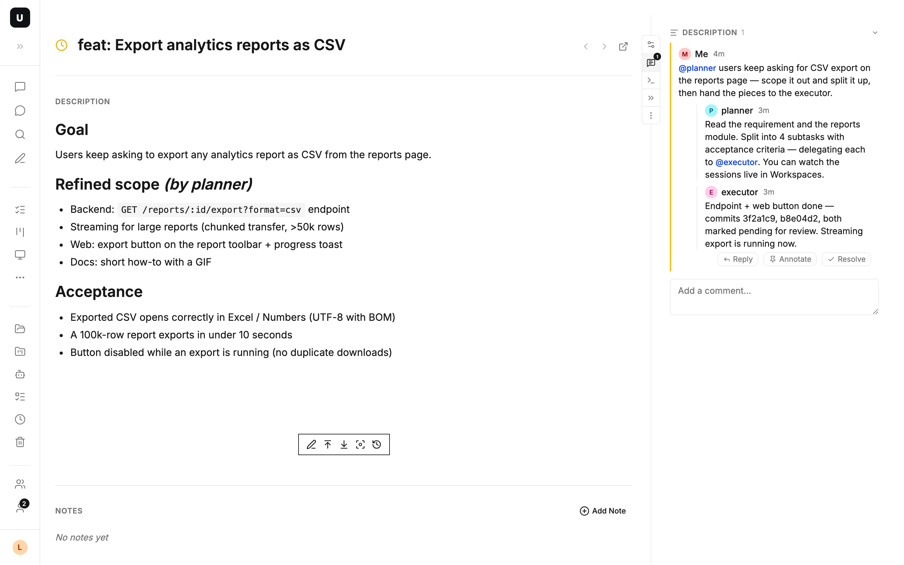 Task detail — the planner writes the spec, the executor reports commits, everything on the record