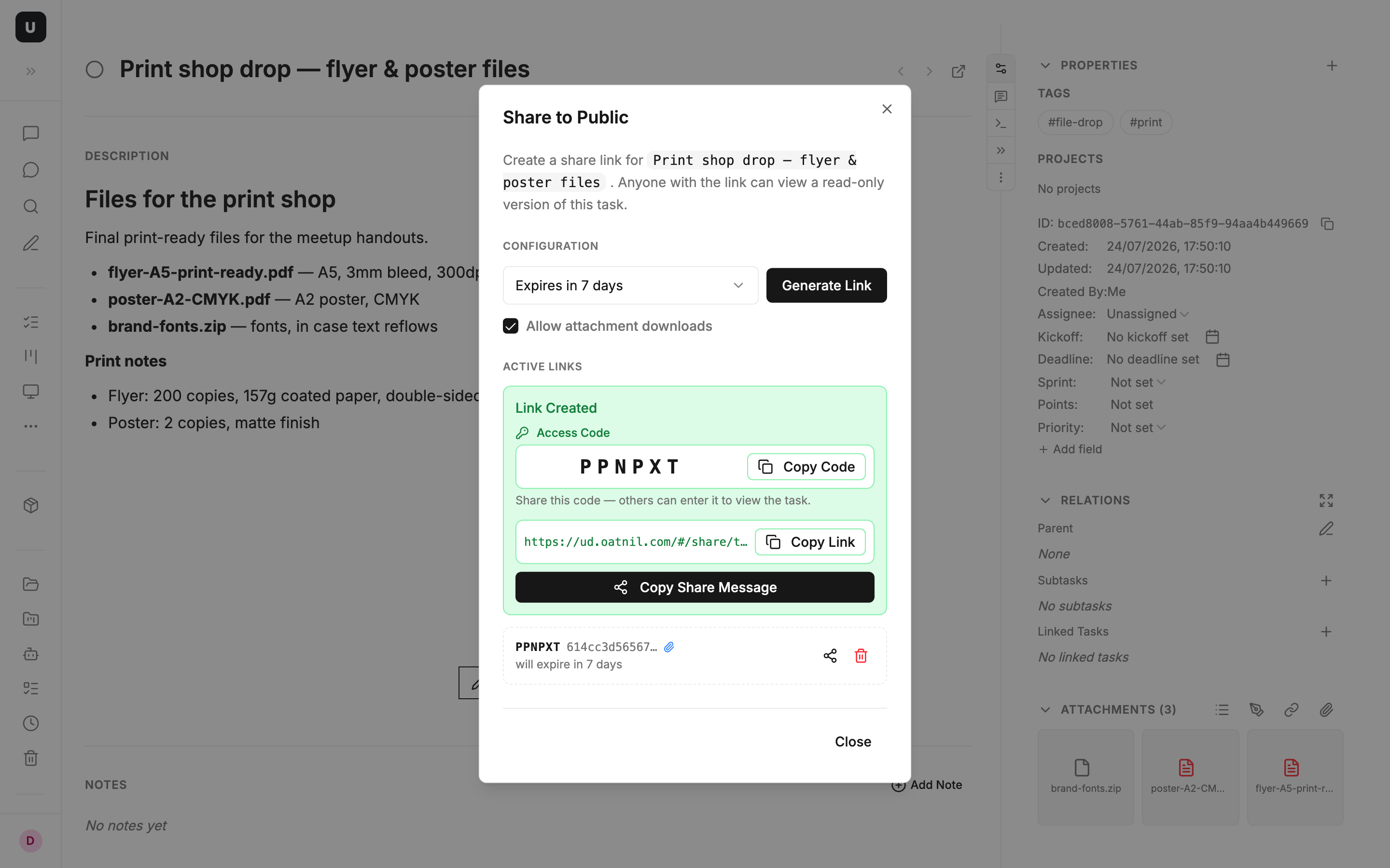 Share dialog: link, pickup code, expiry