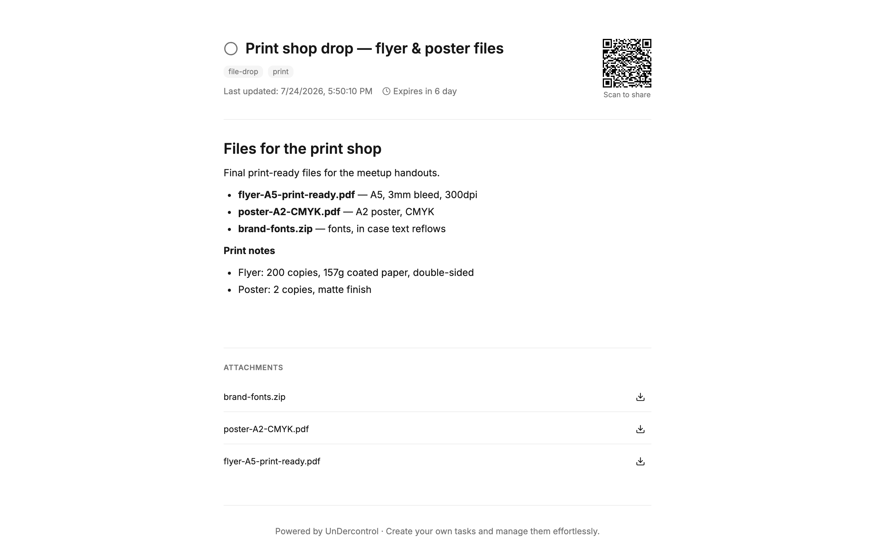 Public share page: QR code, expiry countdown, downloads