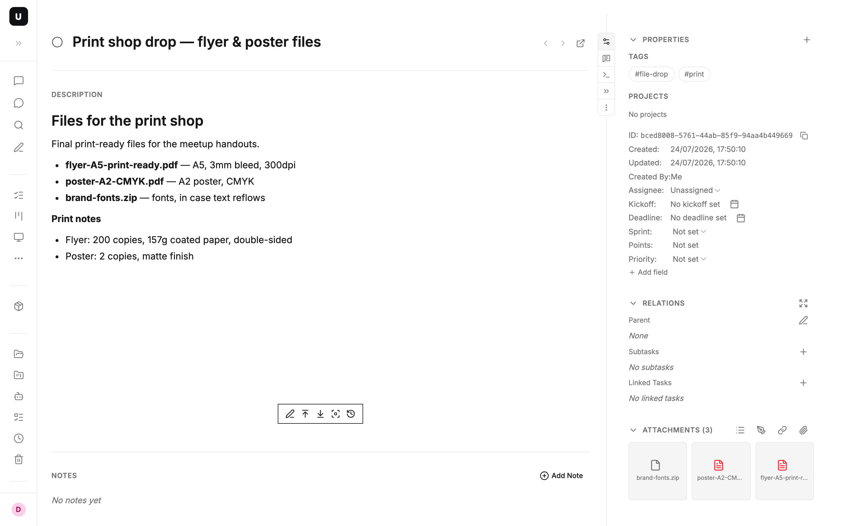 Task detail: attachments and print notes