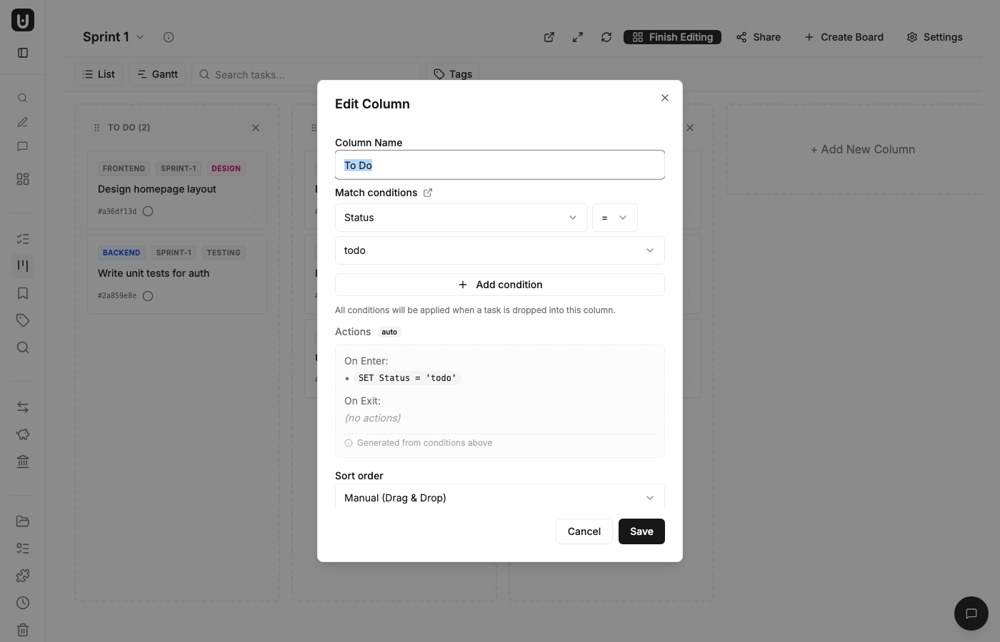 Column condition editor showing Status = todo match condition