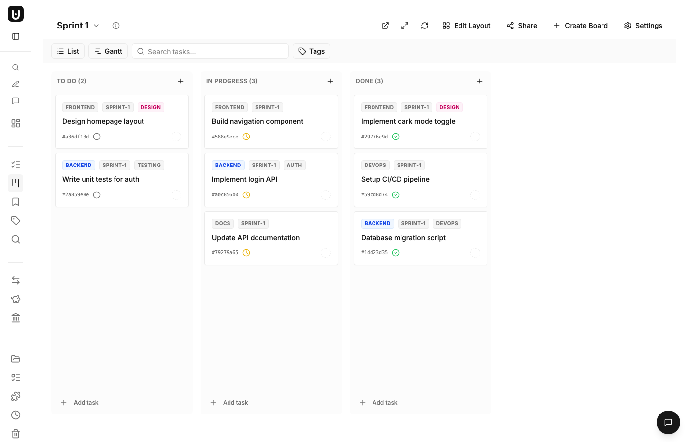 Sprint 1 board showing only sprint-1 tagged tasks
