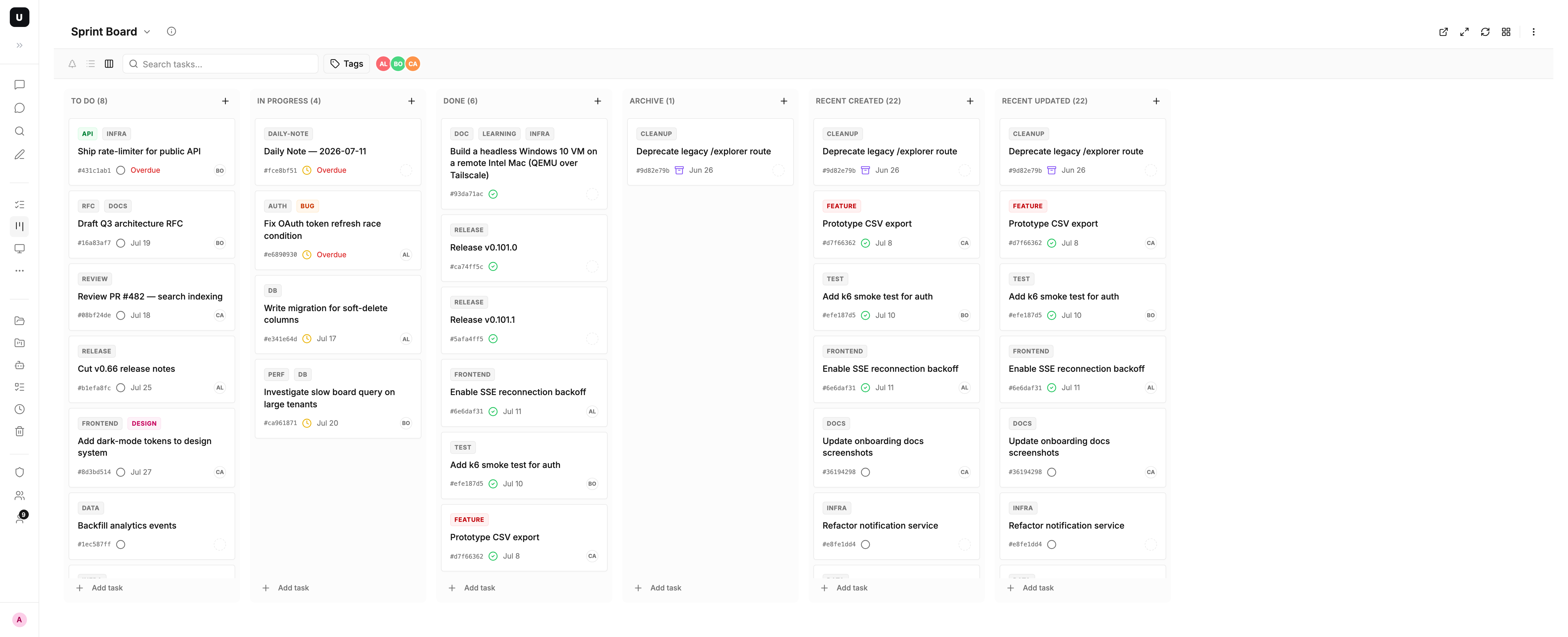The six default columns; the rightmost two, Recent Created and Recent Updated, sort only by time and belong to no status