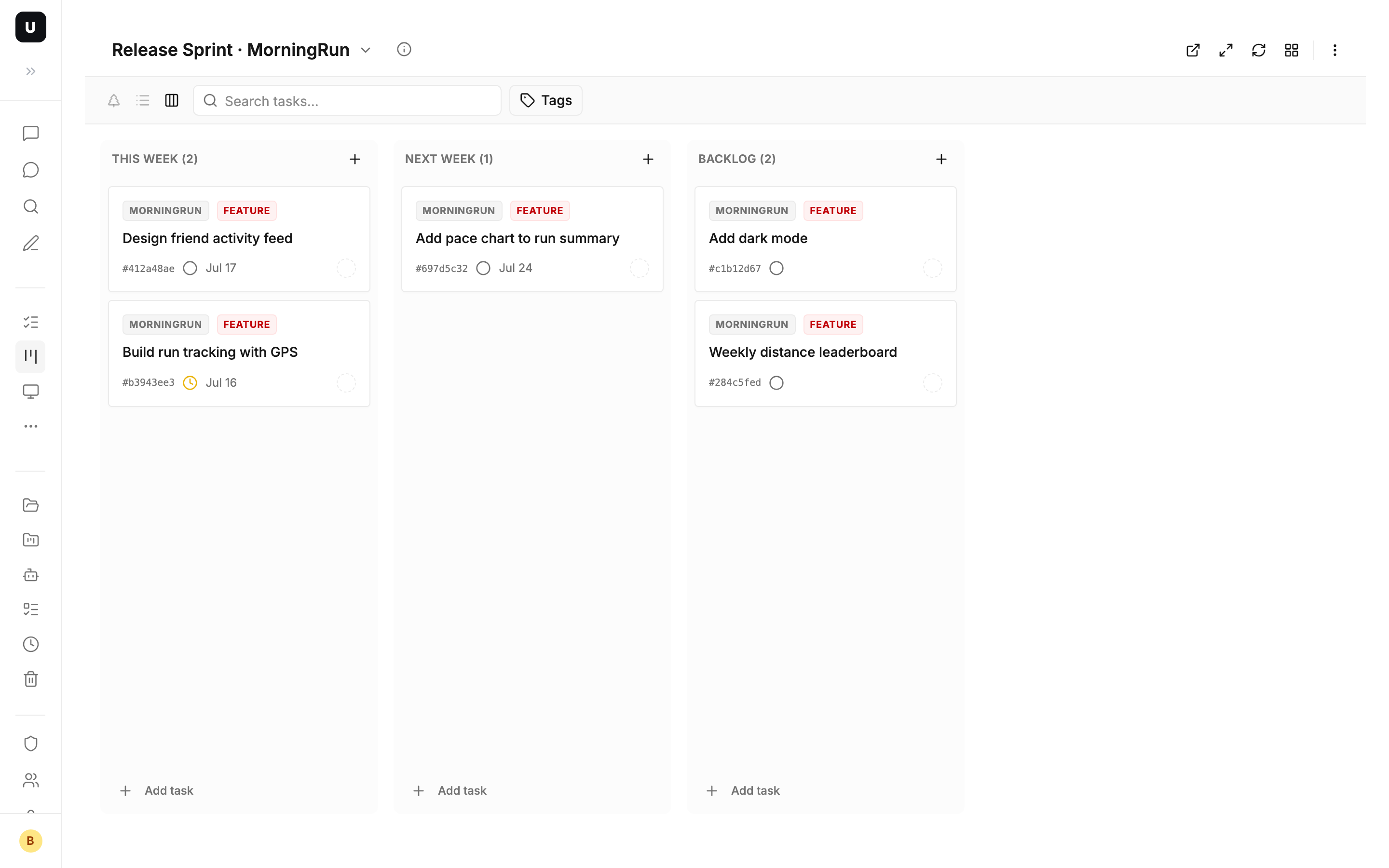 Release Sprint board — columns become This Week / Next Week / Backlog, the same cards from another angle