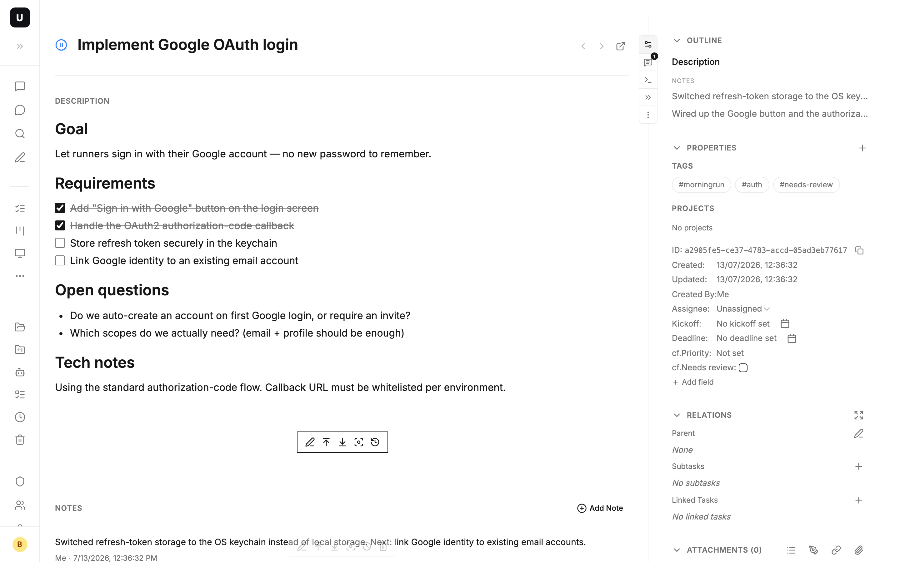 Card detail — Markdown body (requirements, open questions) and the notes timeline on the right