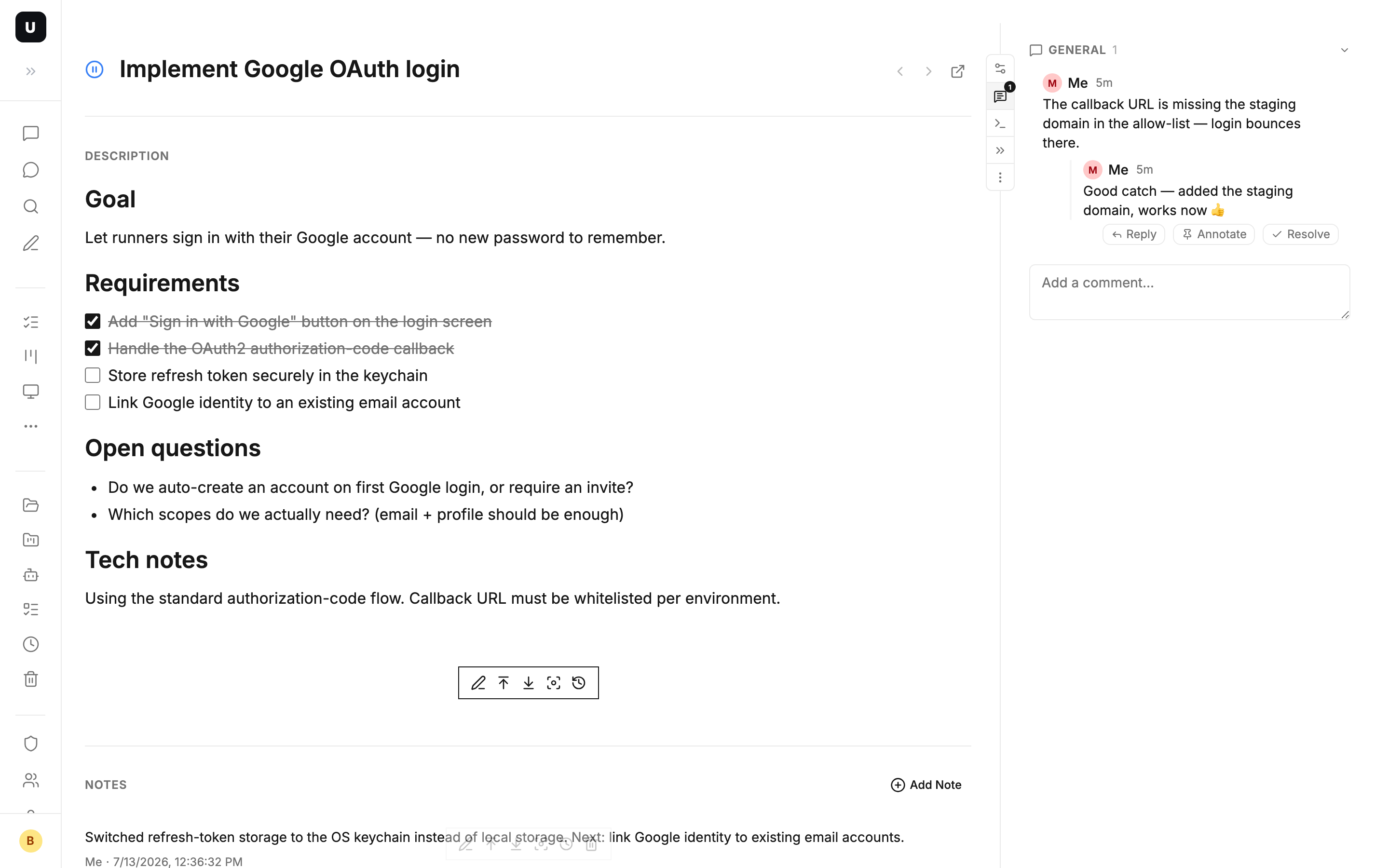 The comment thread on the card — teammate flags the callback URL, you confirm the fix