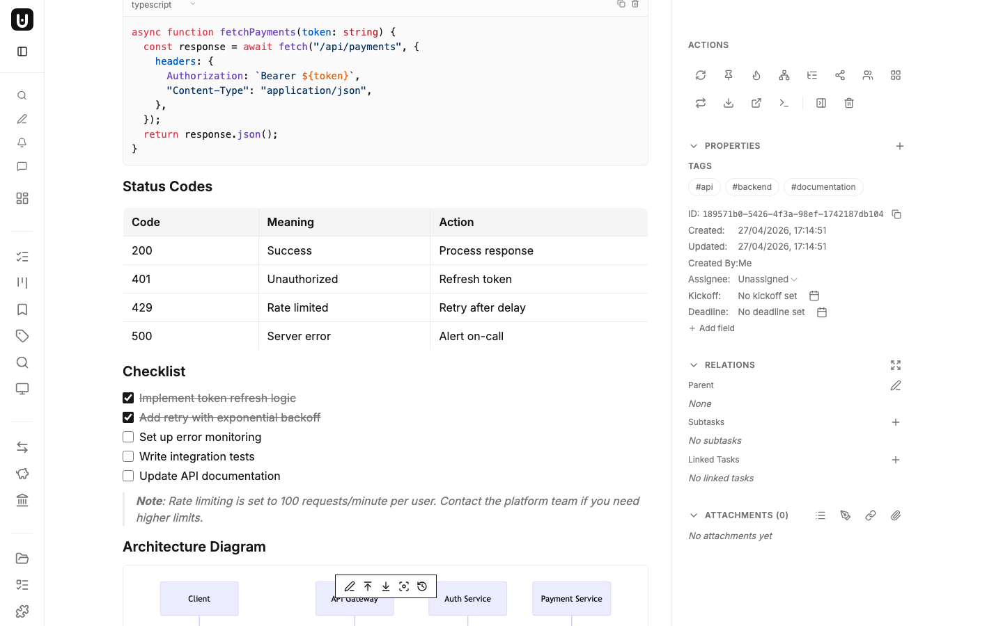 Table with status codes and interactive checklist