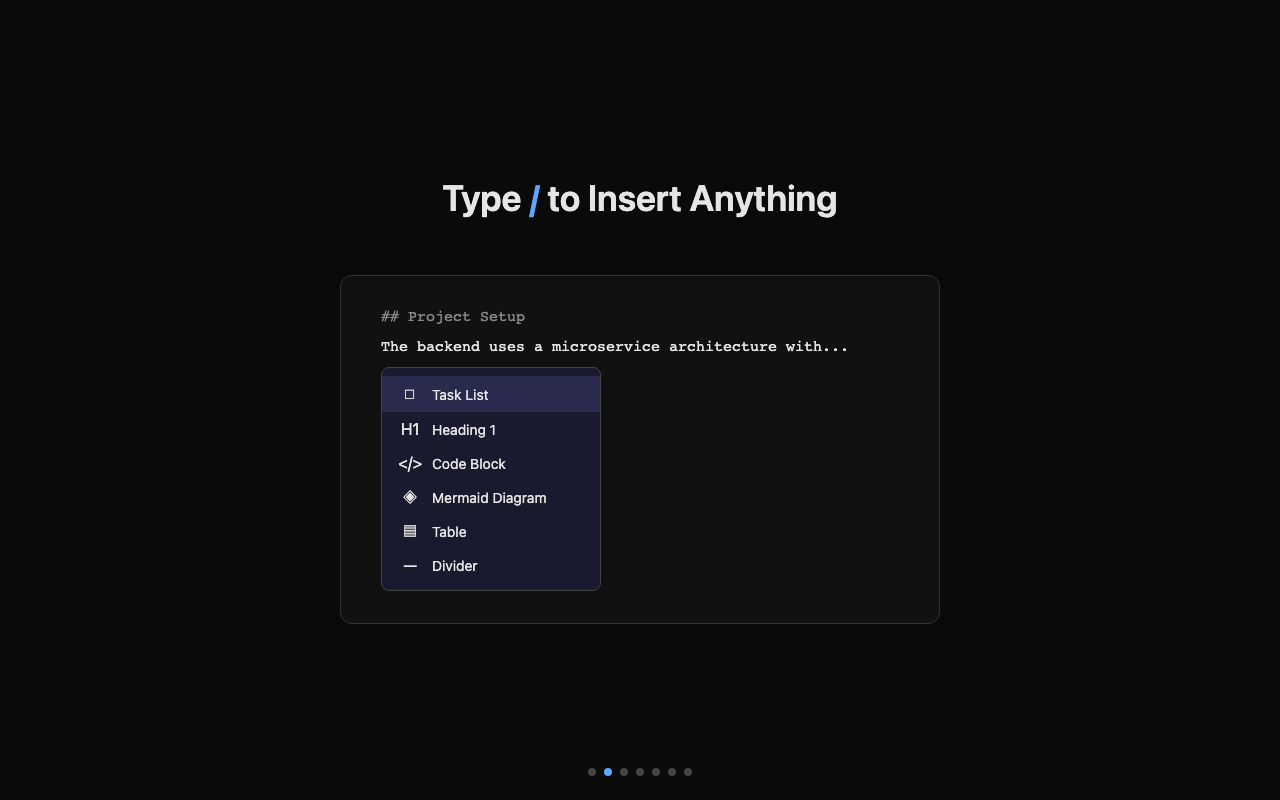 Slash command menu in the editor