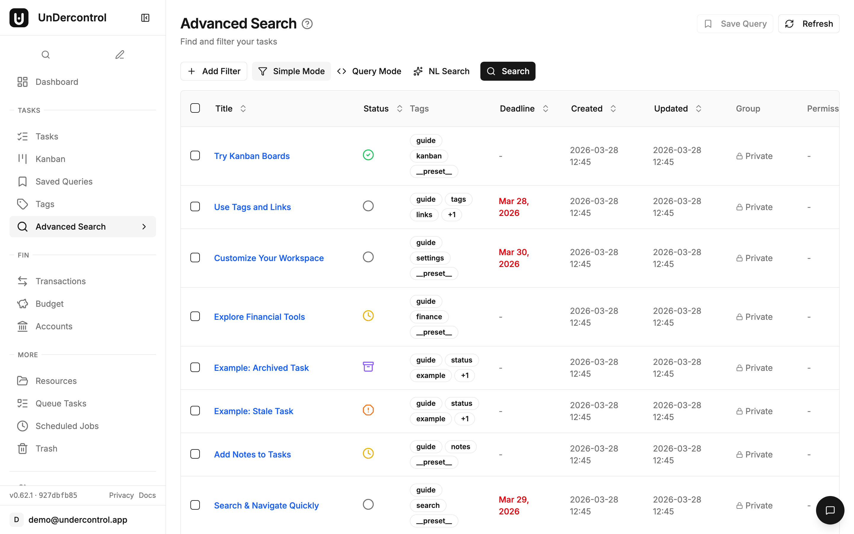 Task search with query syntax filtering