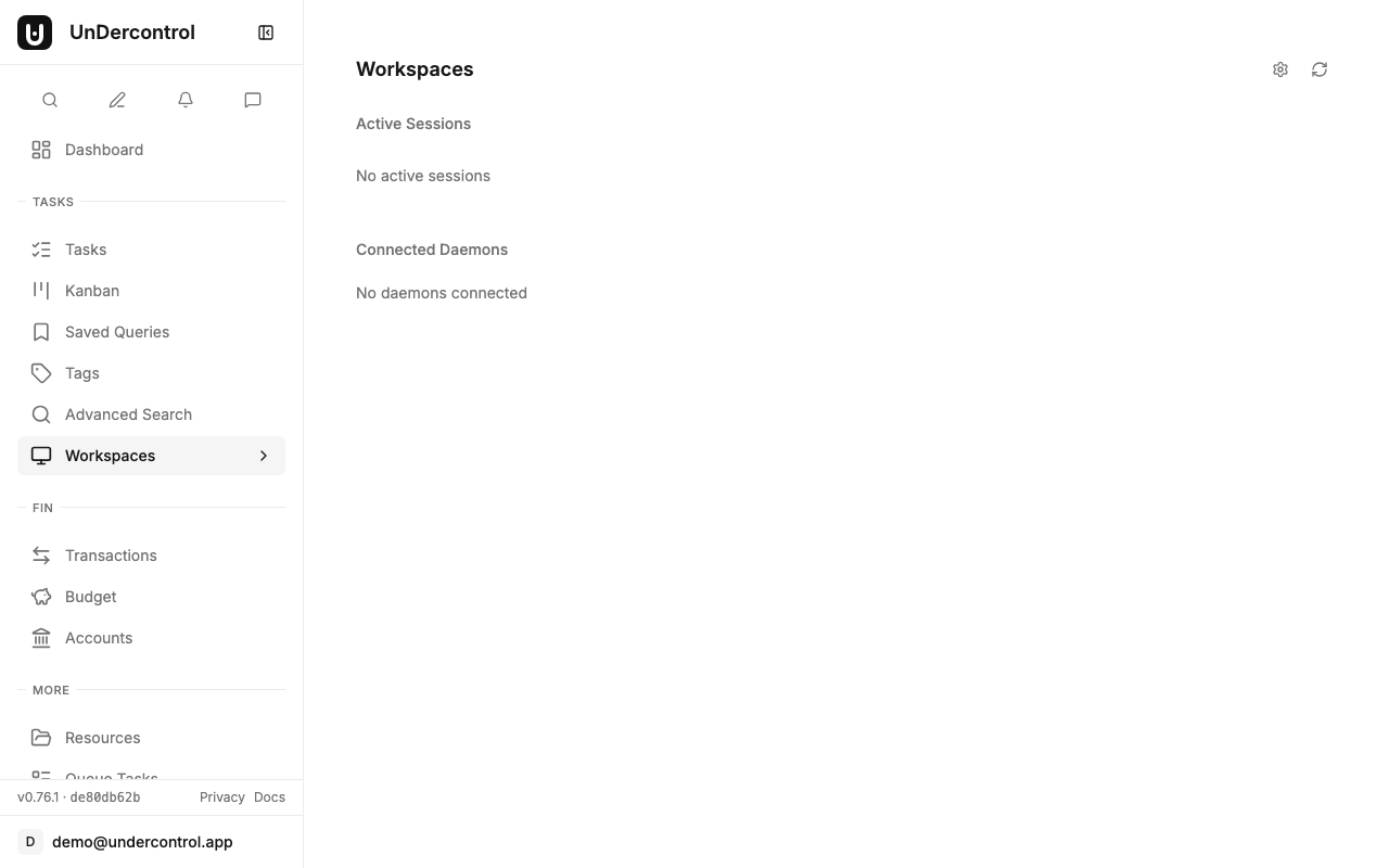 Workspaces dashboard showing active sessions and connected daemons
