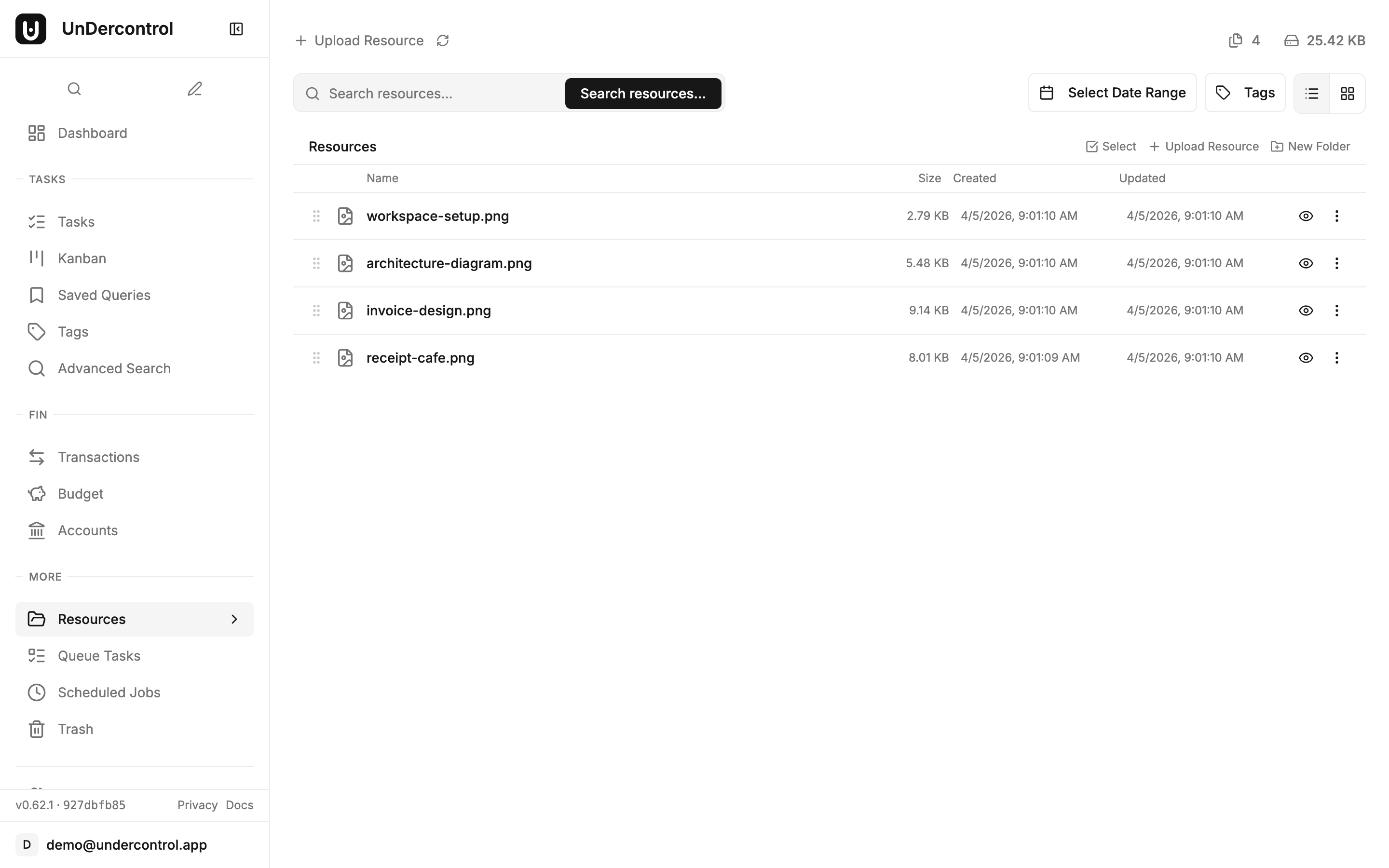 Resource management page showing uploaded files with thumbnails and metadata