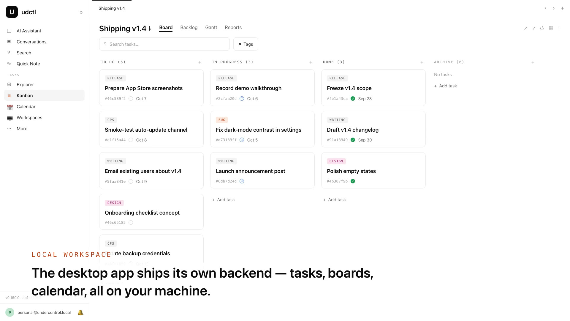 The udctl desktop app showing a kanban board with To do, In progress and Done columns, served by the backend running on the same computer