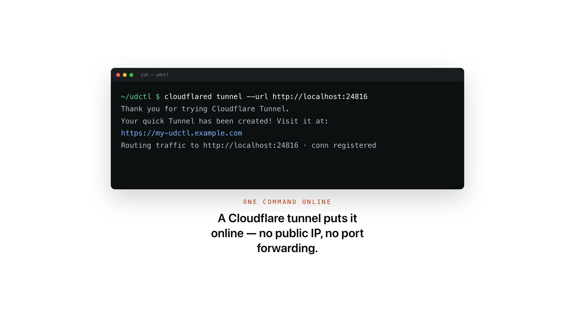 A terminal running cloudflared tunnel --url http://localhost:24816, which reports the tunnel was created and is routing traffic to localhost:24816. The address shown is a placeholder; a real quick tunnel prints a trycloudflare.com URL