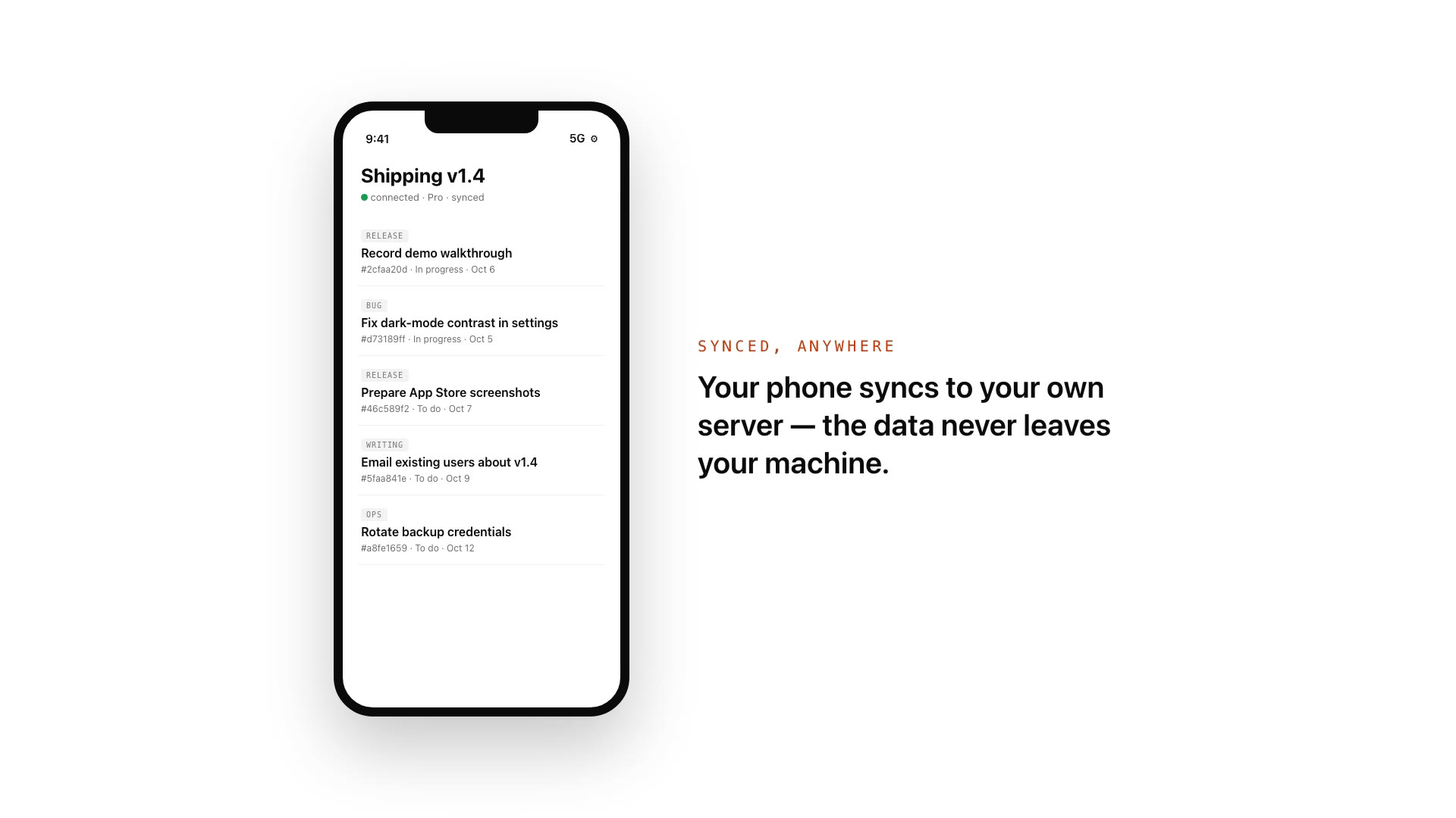 The iOS app showing the Shipping v1.4 task list with the status line "connected · Pro · synced": the same tasks as the desktop board, loaded from the server on your computer