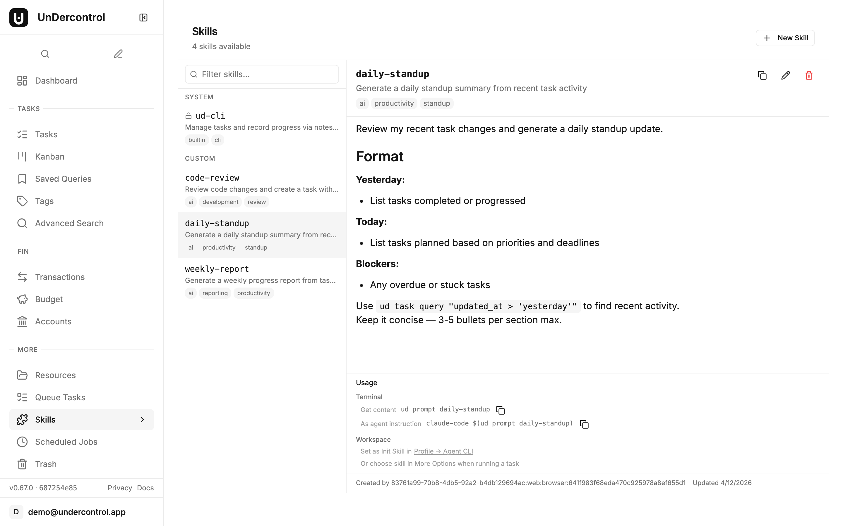 Skill detail view with markdown content and CLI usage commands