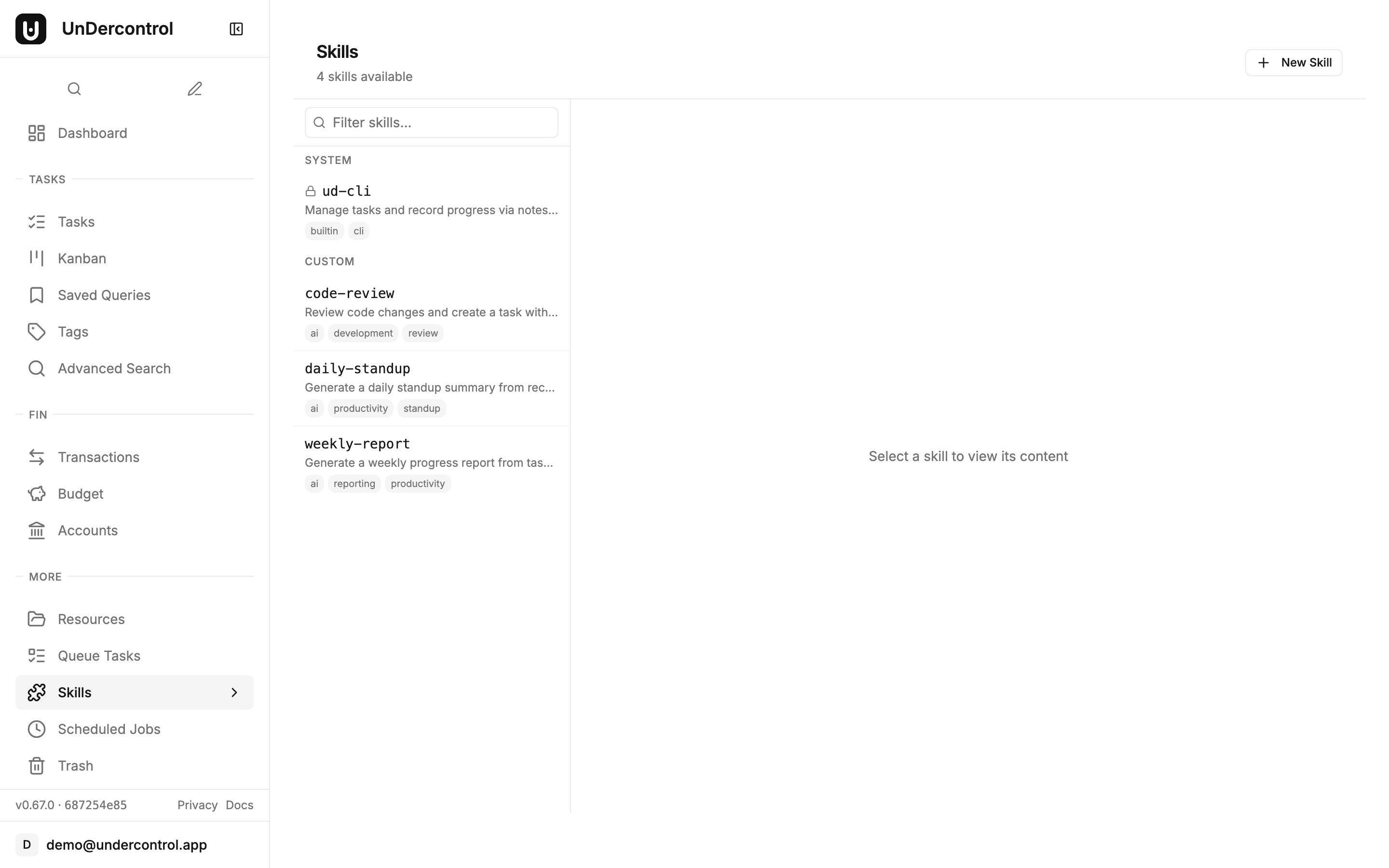 Skills page showing system and custom skills with search and tags