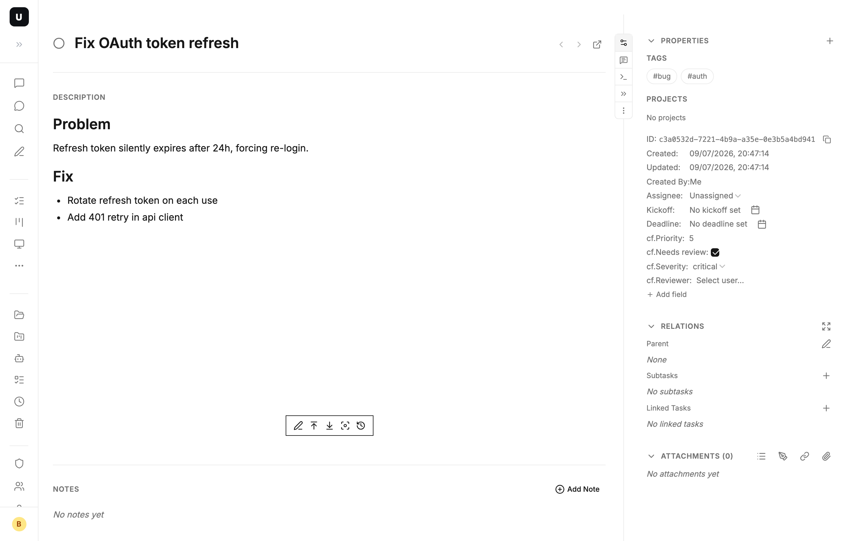 A task tagged bug: the properties panel automatically shows bug-scoped fields like Severity and Reviewer
