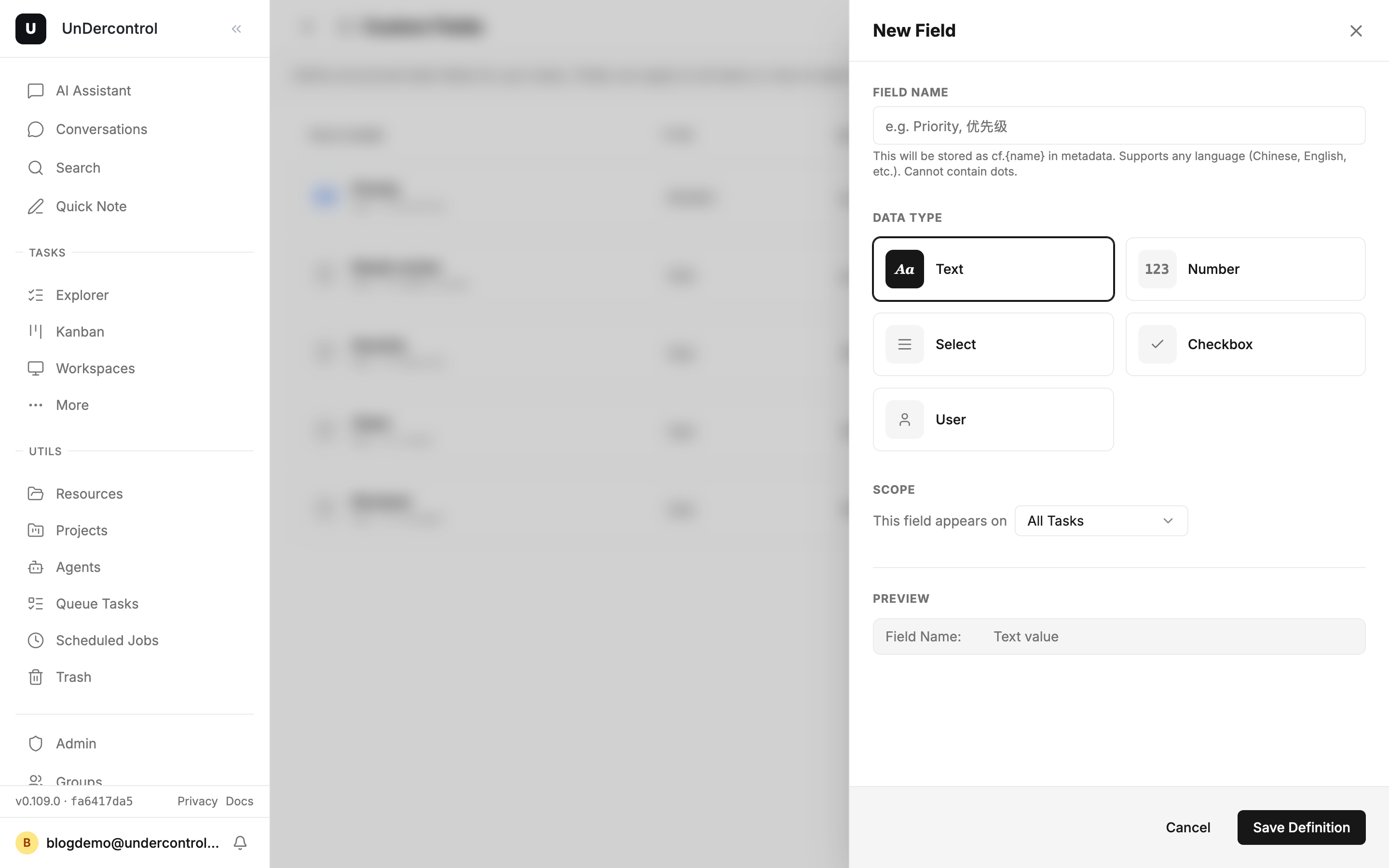 The Custom Fields page and the "New Field" drawer with its 5 types: Text / Number / Select / Checkbox / User