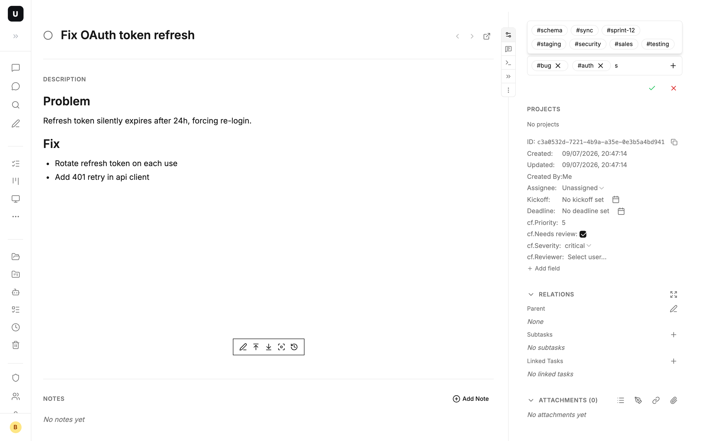 The task-detail tag input, with the historical-tag autocomplete dropdown expanded
