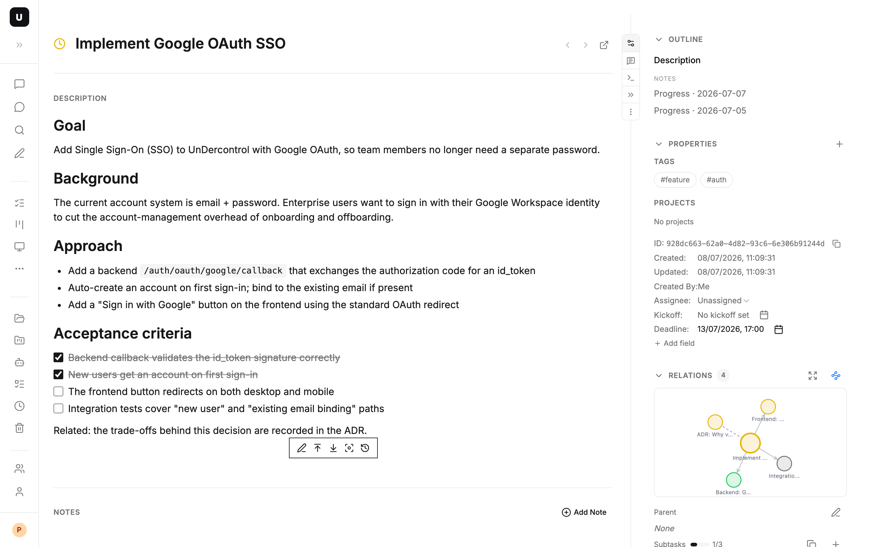 Task detail: Markdown body, tags, status, deadline, notes timeline, and a relation graph at a glance