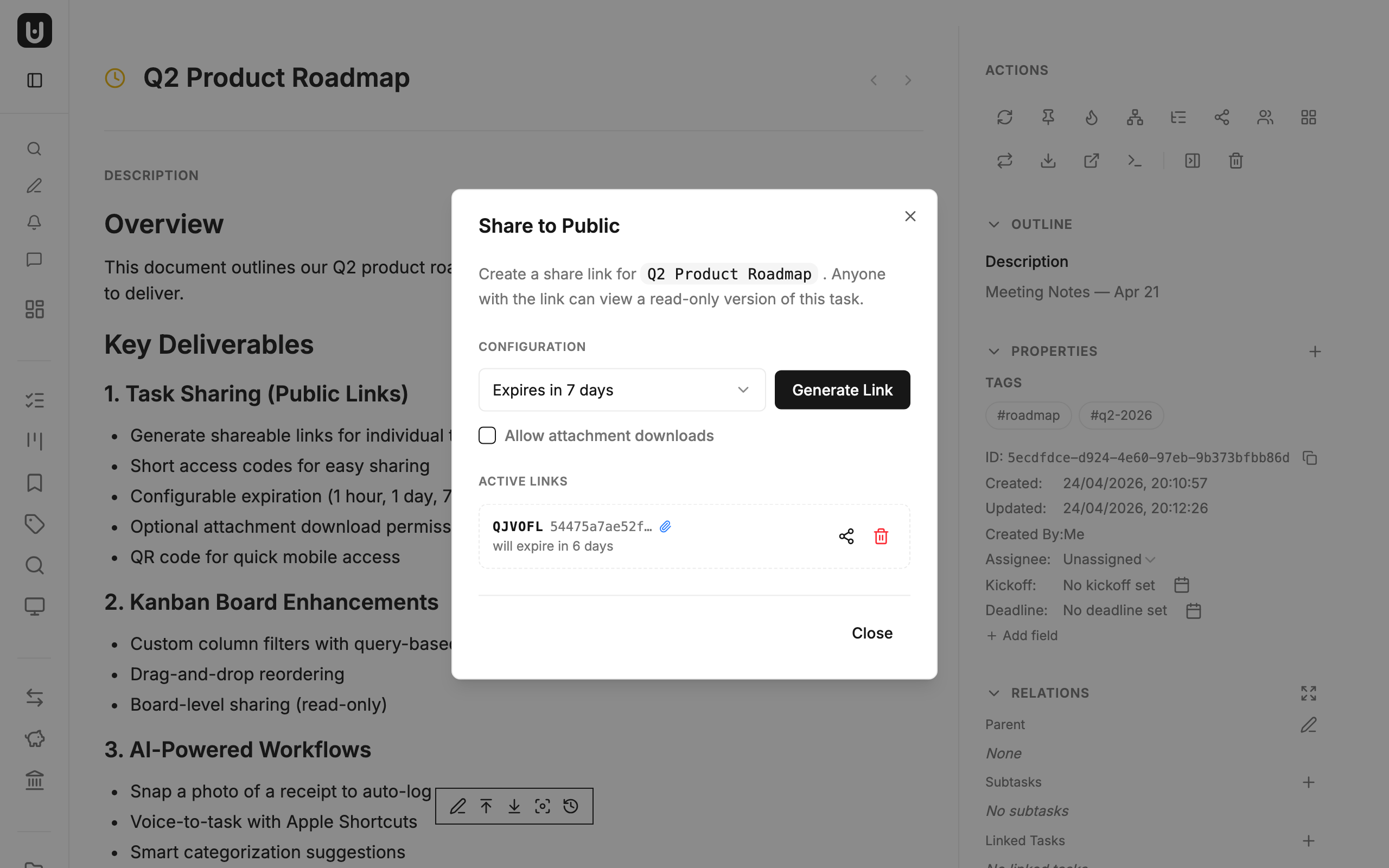 Share dialog showing configuration options, active links with access code QJVOFL