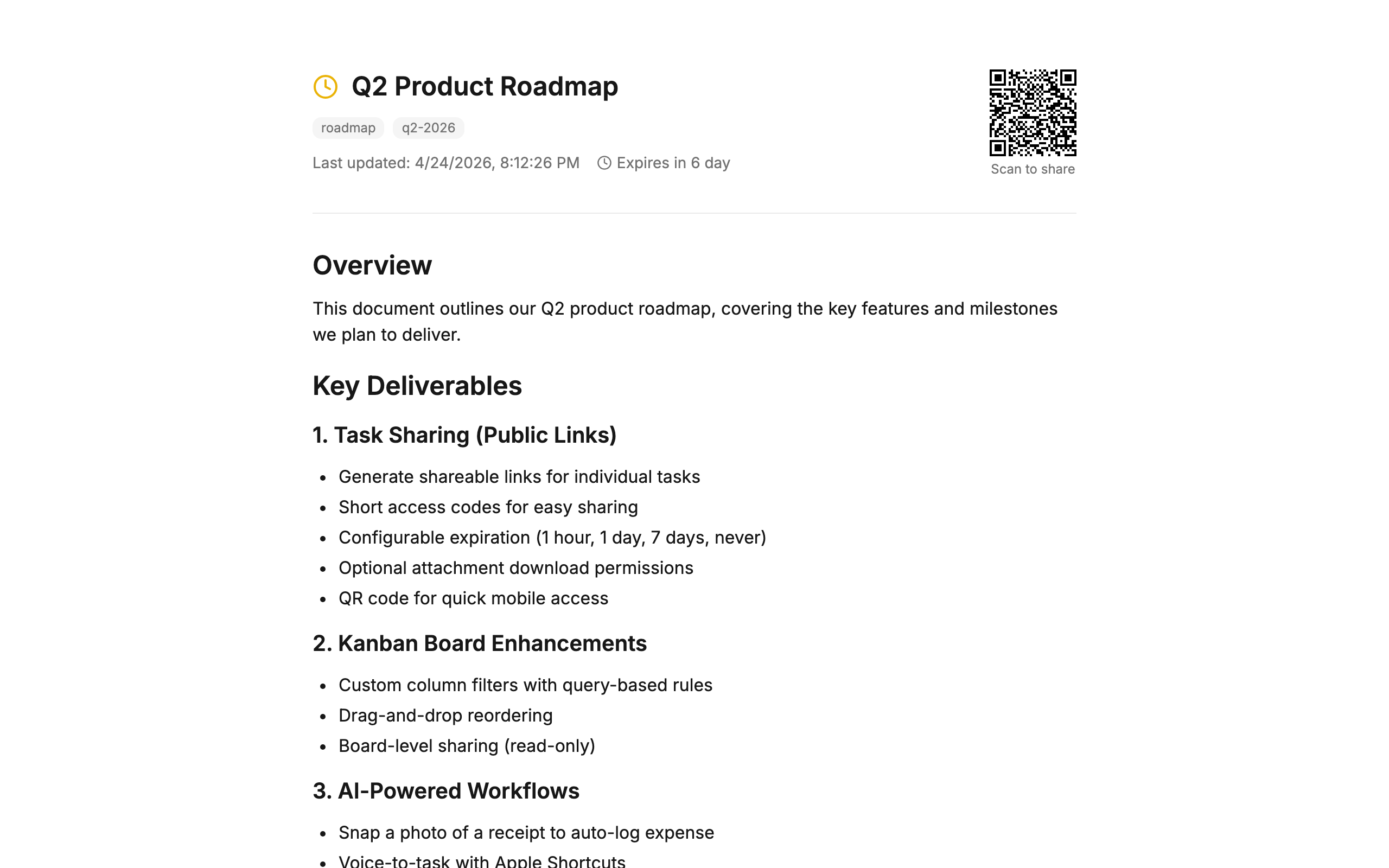 Shared task view with title, QR code, markdown description, and expiration countdown