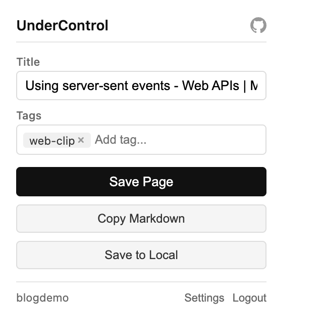 Web Clipper ready view — title prefilled, tags, Save Page