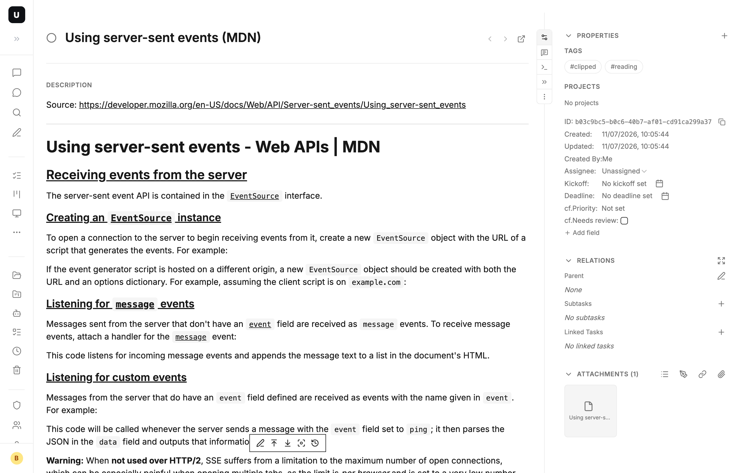 A clipped task — source URL and Markdown in the description, HTML snapshot attached