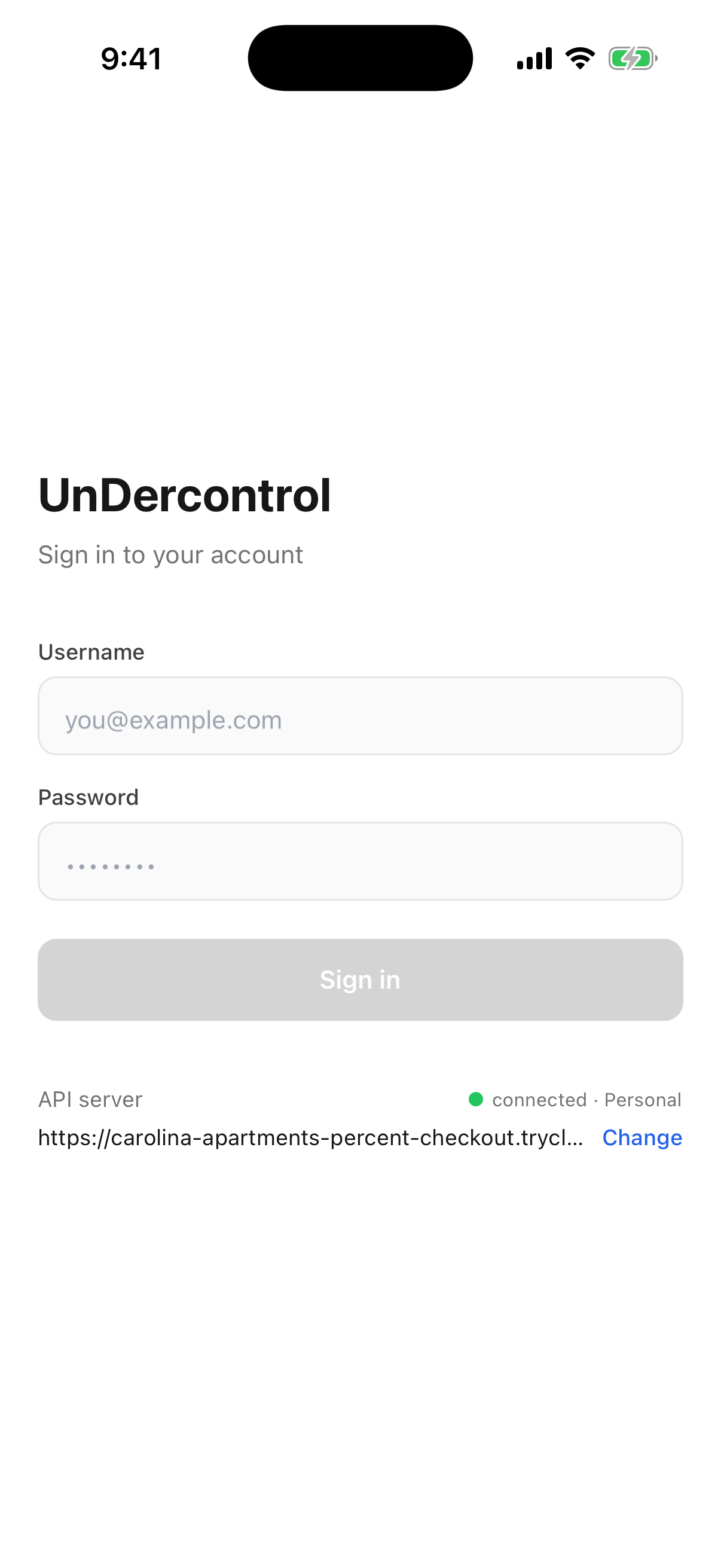iOS sign-in screen: API server pointing at the trycloudflare address, status connected · Personal